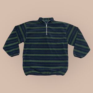 Trader Bay Sweater Mens Medium Blue Green Striped 1/4 Zip Fleece Side Pockets